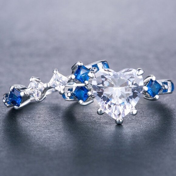 🔥925 Silver Plated Blue 2 PCs Heart CZ Couple Ring, MLNN1011